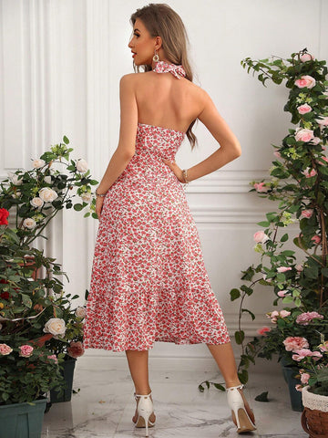 Women's Halter Neck Floral Print Asymmetrical Hem Dress
