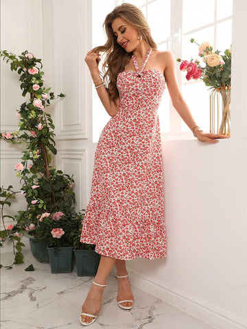Women's Halter Neck Floral Print Asymmetrical Hem Dress
