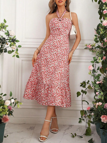 Women's Halter Neck Floral Print Asymmetrical Hem Dress