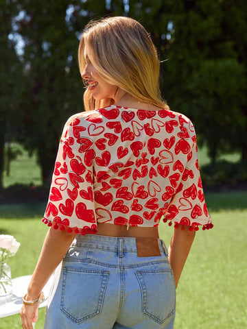 VCAY Women's Heart Print Super Short Bell Sleeve Blouse