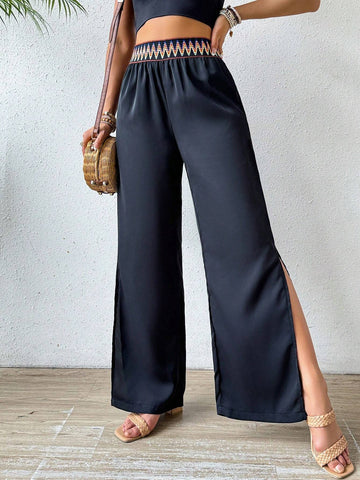 VCAY Women's High Waist Belted Split Pants With Weave Design