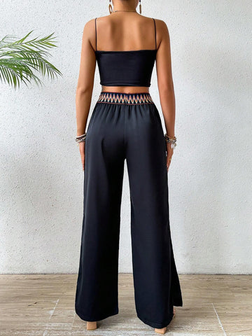VCAY Women's High Waist Belted Split Pants With Weave Design