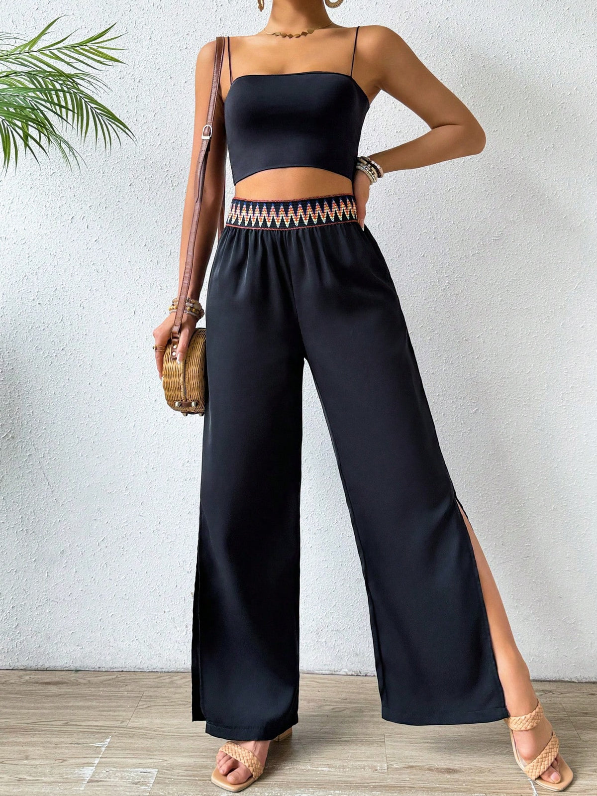 VCAY Women's High Waist Belted Split Pants With Weave Design