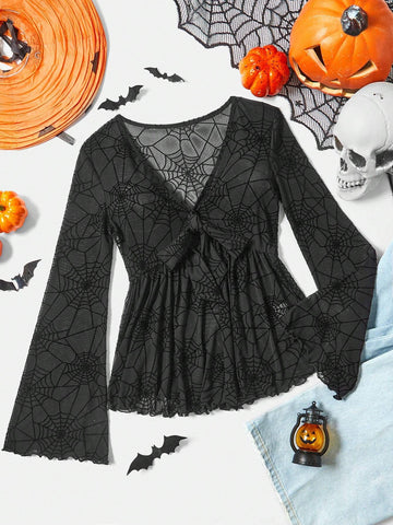 VCAY Women's Holiday Halloween Spider Web Print Ruffled Front Shirt