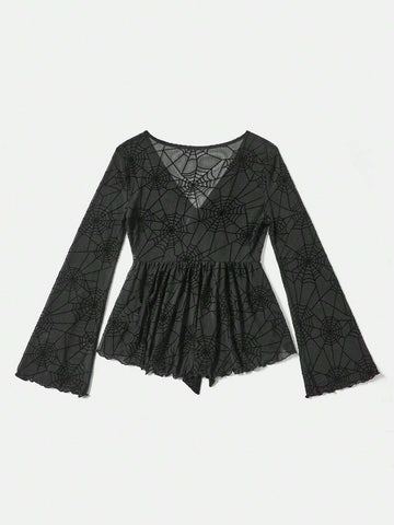 VCAY Women's Holiday Halloween Spider Web Print Ruffled Front Shirt