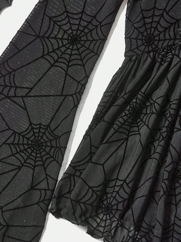 VCAY Women's Holiday Halloween Spider Web Print Ruffled Front Shirt