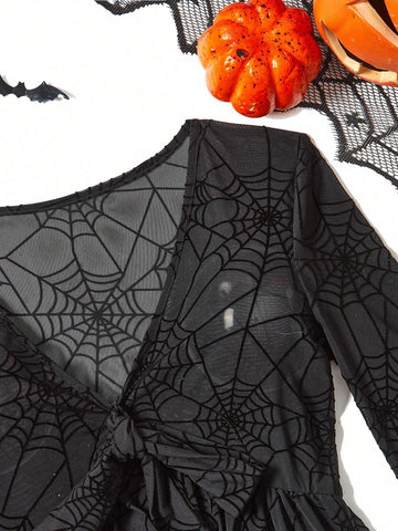 VCAY Women's Holiday Halloween Spider Web Print Ruffled Front Shirt
