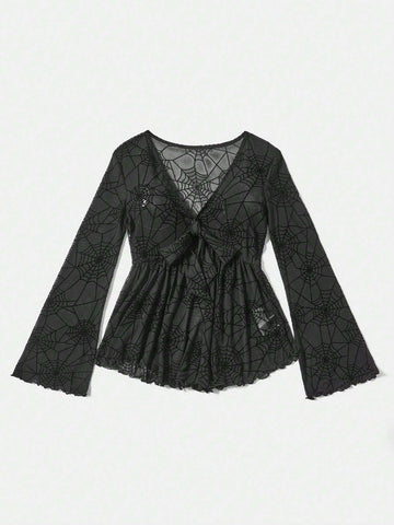 VCAY Women's Holiday Halloween Spider Web Print Ruffled Front Shirt