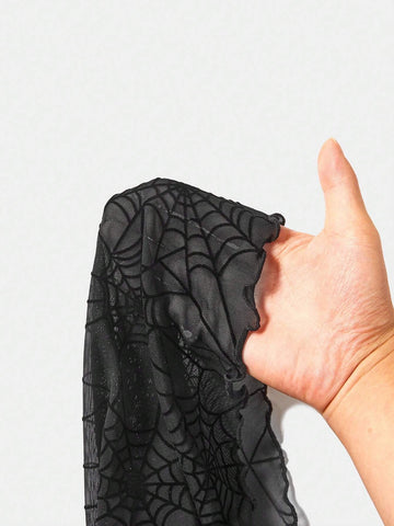 VCAY Women's Holiday Halloween Spider Web Print Ruffled Front Shirt