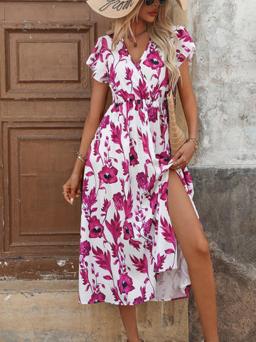 Women's Holiday Style Floral Print Overlapping V-Neck Cap Sleeve Long Elegant Random