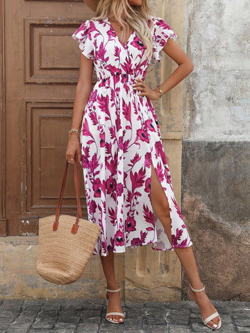 Women's Holiday Style Floral Print Overlapping V-Neck Cap Sleeve Long Elegant Random