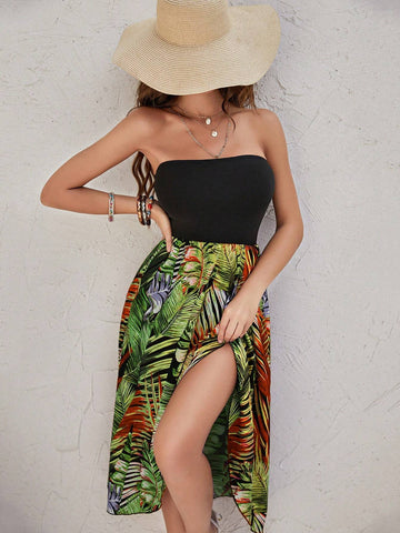 Women's Holiday Style Leaf Pattern Strapless Dress