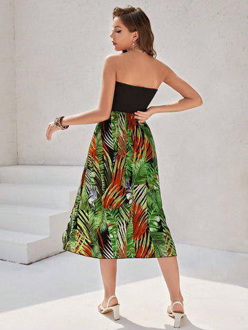 Women's Holiday Style Leaf Pattern Strapless Dress
