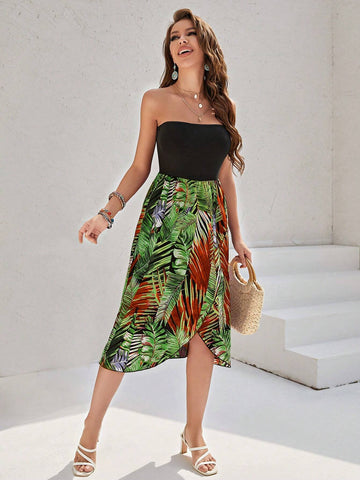 Women's Holiday Style Leaf Pattern Strapless Dress