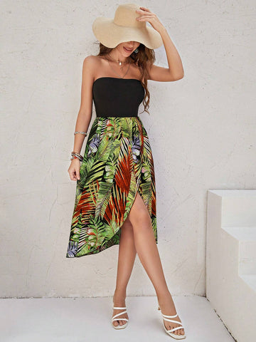 Women's Holiday Style Leaf Pattern Strapless Dress