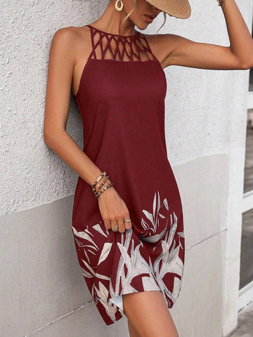Women's Hollow Neck Loose Random Plant Print Vacation Dress
