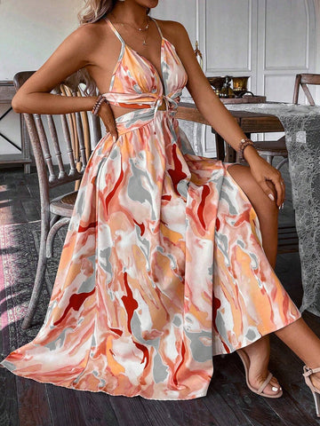 Women's Hollow Out Spaghetti Strap Colorblock Slit Summer Dress