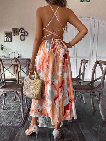 Women's Hollow Out Spaghetti Strap Colorblock Slit Summer Dress