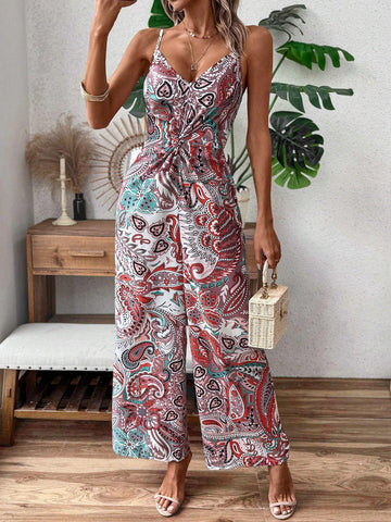 Women's Jumpsuit With Cashew Print Camisole Straps