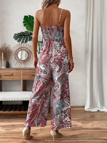 Women's Jumpsuit With Cashew Print Camisole Straps