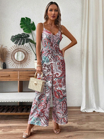 Women's Jumpsuit With Cashew Print Camisole Straps