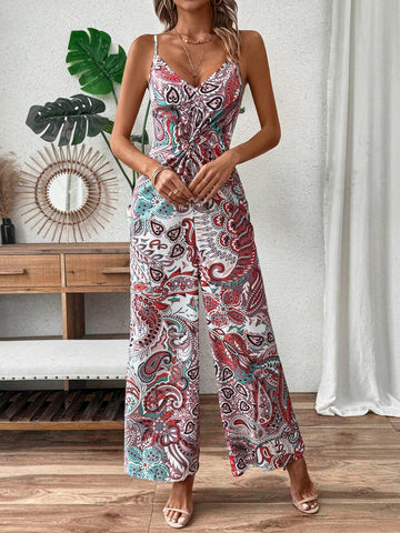 Women's Jumpsuit With Cashew Print Camisole Straps