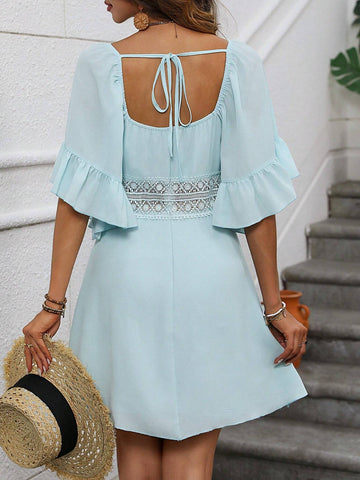 Women's Lace Patchwork Ruffle Sleeve Dress