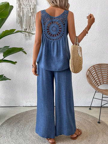Women's Lace Patchwork Vest And Wide Leg Pants Set, Perfect For Summer Vacation