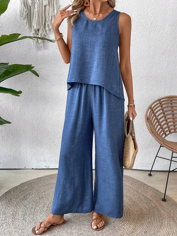 Women's Lace Patchwork Vest And Wide Leg Pants Set, Perfect For Summer Vacation