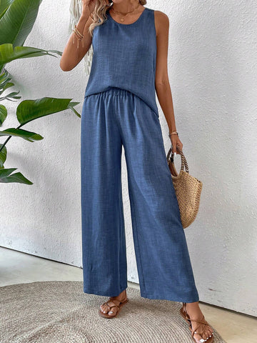 Women's Lace Patchwork Vest And Wide Leg Pants Set, Perfect For Summer Vacation