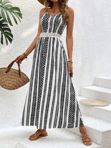Women's Lace Splice & Geometric Print Cami Dress With Waist Tie