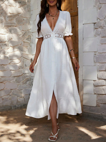 VCAY Women's Lace Trim High Slit Dress