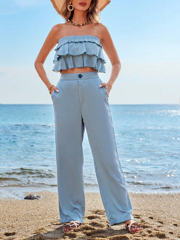 Women's Layered Ruffle Hem Crop Top And Slanted Pocket Long Pants Two Piece