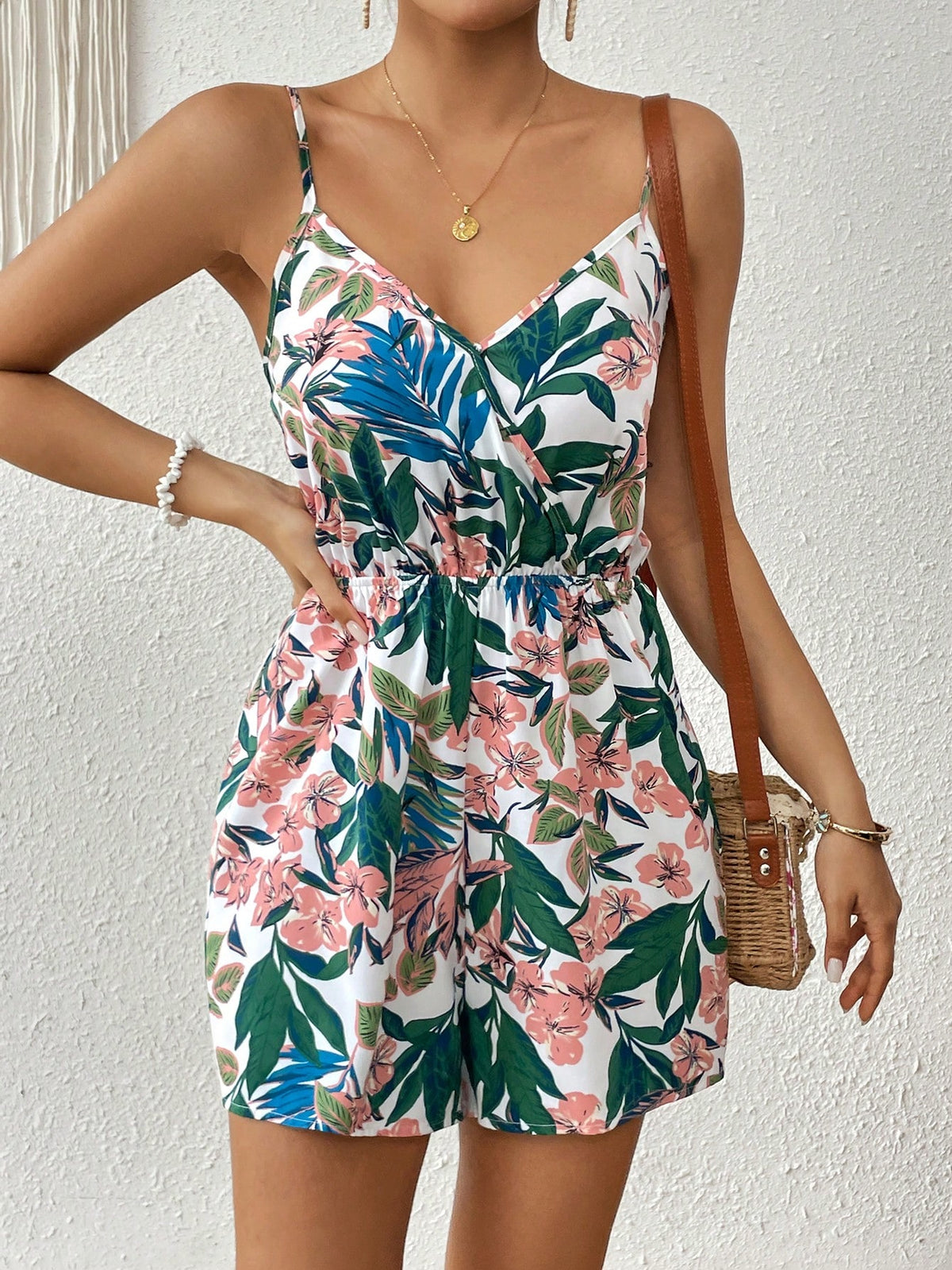Women's Leaf & Flower Pattern Printed Jumpsuit With Spaghetti Straps