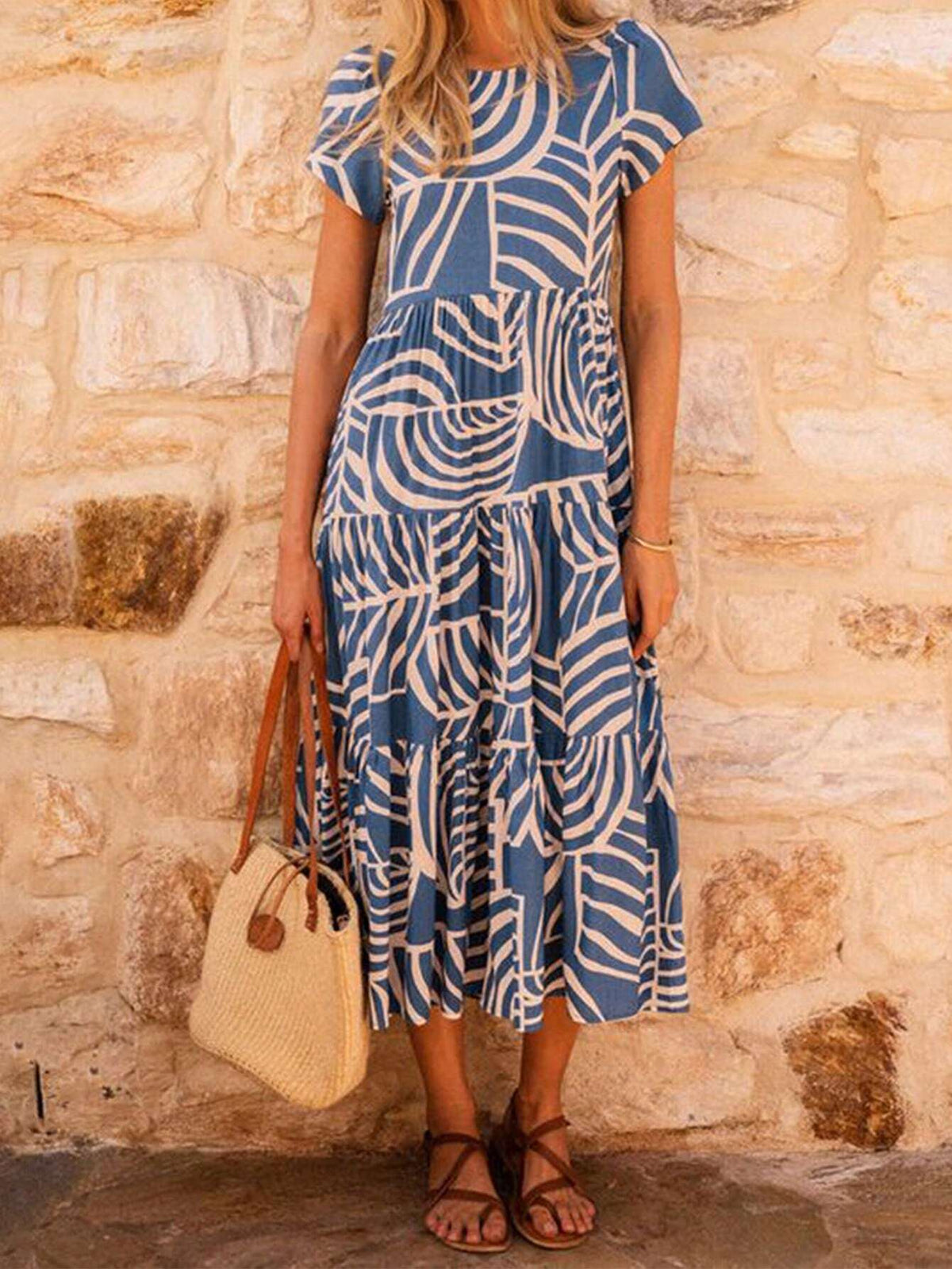 Women's Long Geometric Pattern Layered Tiered Dress