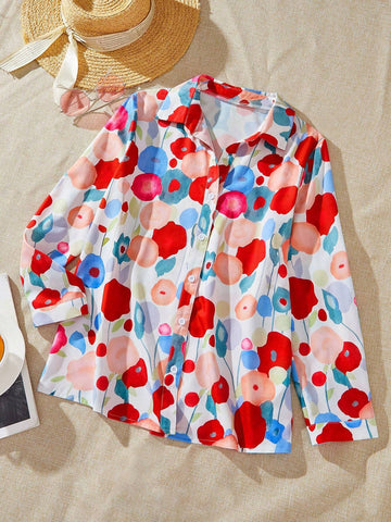 VCAY Women's Loose Floral Printed Long Sleeve Casual Shirt, Spring/Summer