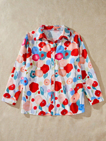VCAY Women's Loose Floral Printed Long Sleeve Casual Shirt, Spring/Summer
