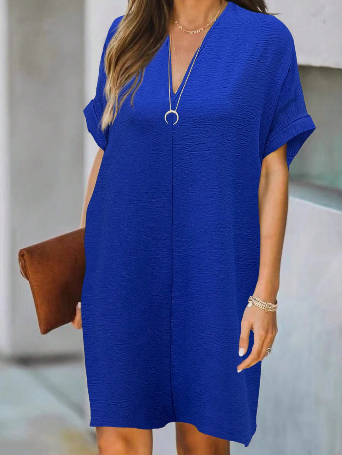 Women's Loose Straight Bat Sleeve V-Neck Dress