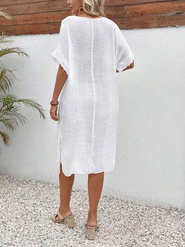 Women's Loose V-Neck Solid Color Batwing Sleeve Dress