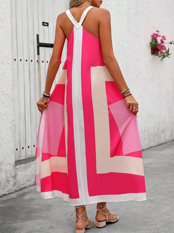 Women's Minimalist Irregular Printed Spaghetti Strap Dress For Daily Wear