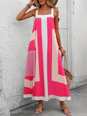 Women's Minimalist Irregular Printed Spaghetti Strap Dress For Daily Wear