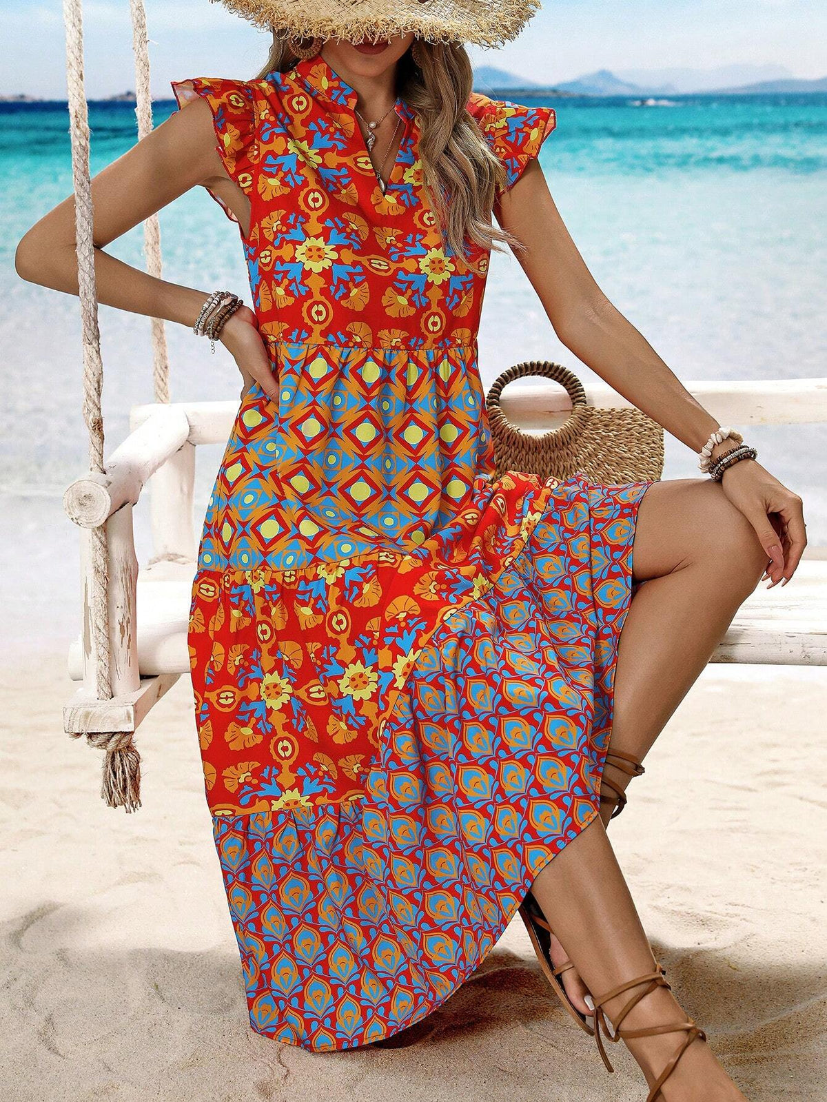 Women's Notched V-Neck Ruffle Hem Beachwear Summer Dress