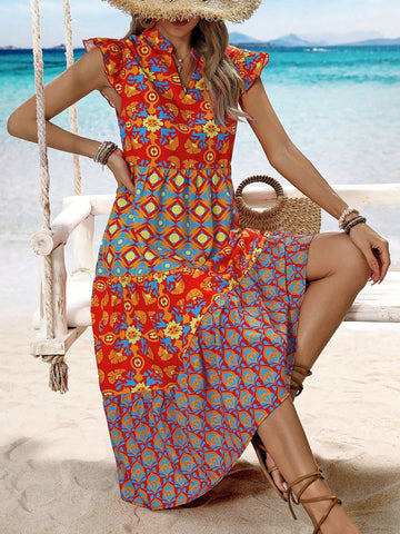 Women's Notched V-Neck Ruffle Hem Beachwear Summer Dress