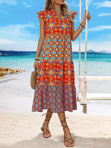 Women's Notched V-Neck Ruffle Hem Beachwear Summer Dress