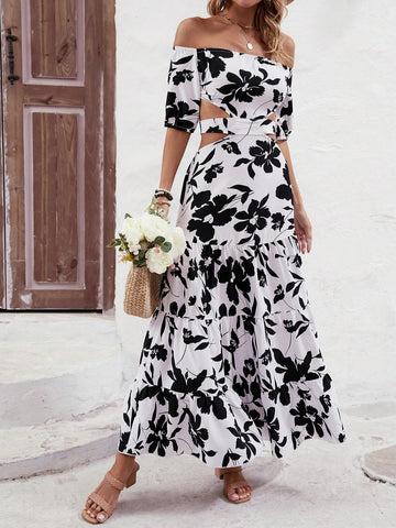 Women's Off-Shoulder Floral Print Dress With Hollow Out Waist And Ruffled Hemline