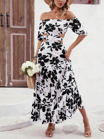 Women's Off-Shoulder Floral Print Dress With Hollow Out Waist And Ruffled Hemline
