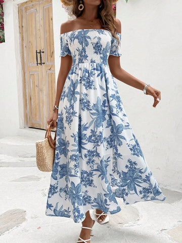 Women's Off-Shoulder Short Sleeve Plant Print Dress
