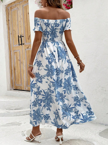 Women's Off-Shoulder Short Sleeve Plant Print Dress