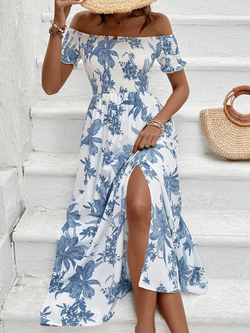Women's Off-Shoulder Short Sleeve Plant Print Dress