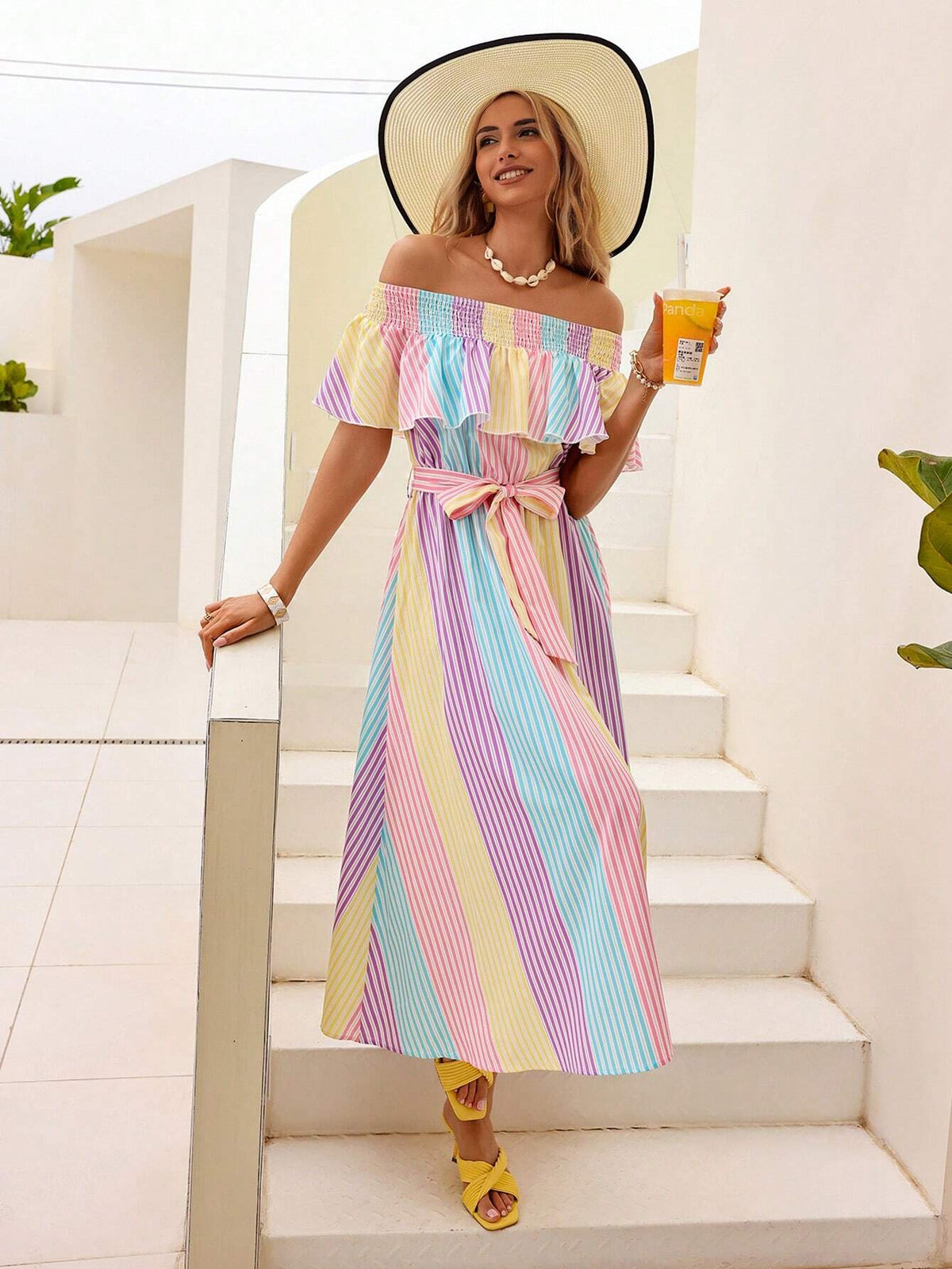 Women's Off-Shoulder Striped Dress With Ruffled Hemline